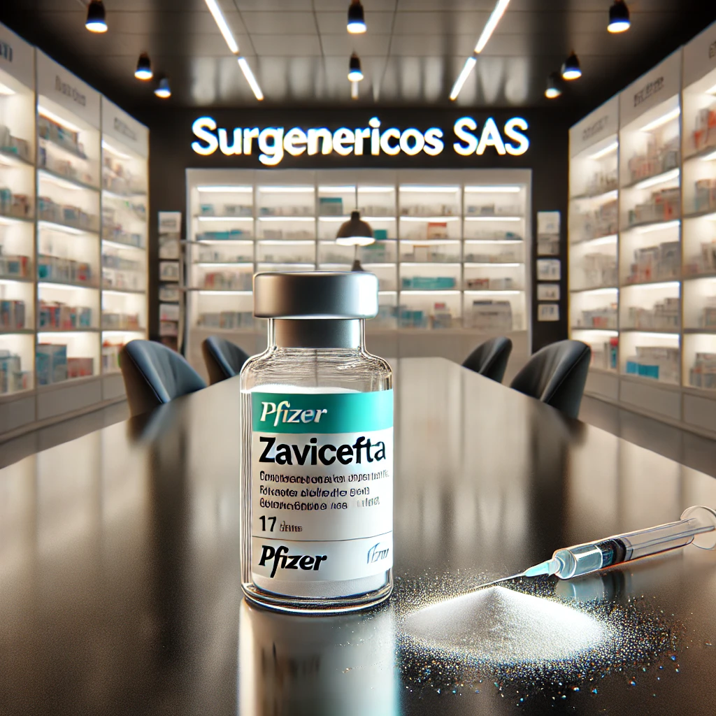 DALL·E 2024-11-25 22.36.58 - A realistic digital painting of an open Zavicefta vial by Pfizer, with some powder spilled on a sleek exhibition table located in a pharmacy. The tabl